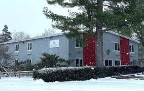 A building with a red door and a tree in the snow

Description automatically generated